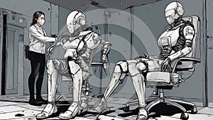 half girl half robot with flesh falling off showing robot underneath, A space pilot girl operating on robots