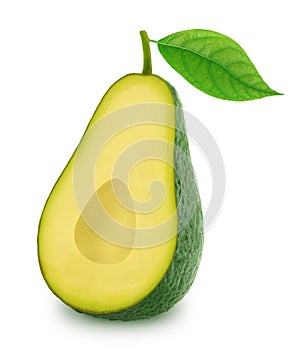 Half of green avocado with leaf isolated on a white photo