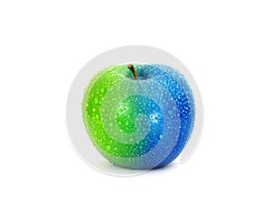 Half and half green blue fresh apple with water droplet , change or modified concept