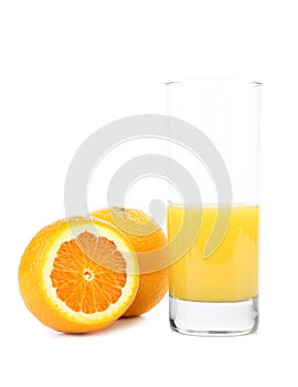 Half of juice glass and orange fruit isolated