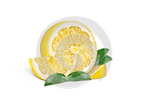 Half lemon with lemon slices and leaves on a white background.