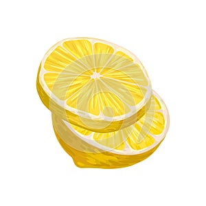 Half of lemon with one round slice. Juicy yellow fruit. Fresh and healthy food. Organic product. Design element for