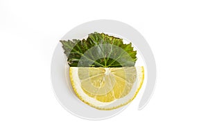 Half of a lemon slice on a green leaf isolated on white