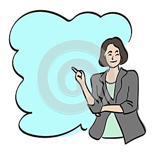 Half length businesswoman pointing blue speech balloon illustration vector hand drawn isolated on white background line art