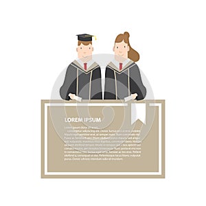 Half-length cartoon character, male and female students in academic gown message box frame vector. Education Graduation Character