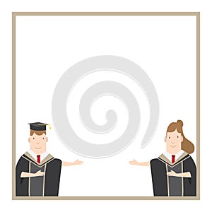 Half-length cartoon character, male and female students in academic gown message box frame vector. Education Graduation Character