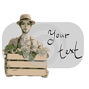 half length of male gardener holding vegetables in wooden basket with copy space for text illustration vector hand drawn isolated