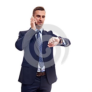 Half-length portrait of business man with crossed hands, isolated on white background.