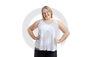 Half-length portrait of woman without make-up in casual clothes style looking at camera isolated on white background.