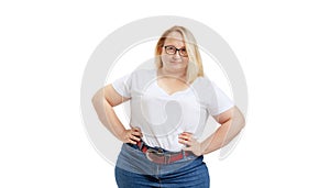 Half-length portrait of woman without make-up in casual clothes style looking at camera isolated on white background.