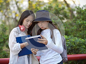 Half-length portraits of two young pretty female teenagers reading book together