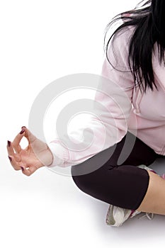 Half length view of female in lotus pose