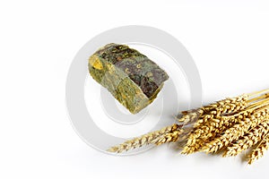 Half a loaf of mouldy rye bread and sprouts of wheat isolated on white background, concept of inedible products, closeup, set