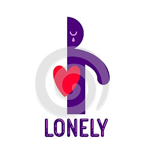 Half of man icon with heart lonely and missing his mate lover girlfriend, divorce breakup and loneliness vector concept symbol,