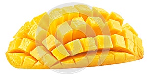 Half of mango fruit cut in hedgehog style. File contains clipping path