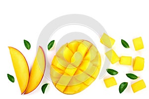 Half of Mango fruit decorated with leaves isolated on white background with copy space for your text. Top view. Flat lay