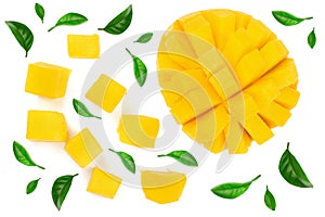 Half of Mango fruit with leaves isolated on white background close-up. Top view. Flat lay. fruit composition