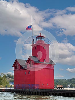 Half-Mast American Flag on Big Red Lighthouse