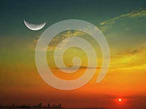 Half moon light sky of sunset on sea