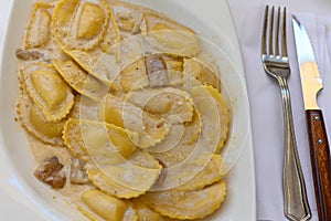 Half moon pasta dish with mushroom and truffle sauce