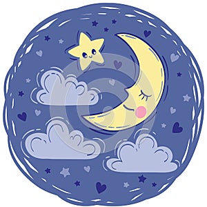 Half-moon slipping among fluffy clouds. Vector hand drawn illustration