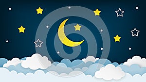 Half moon, stars and clouds on the dark night sky background. Paper art. Night scene background. Vector .