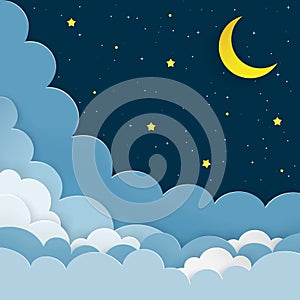 Half moon, stars, clouds on the dark night starry sky background. Galaxy background with crescent moon and stars.