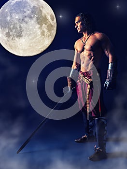 Half naked warrior with a sword in the mystic background