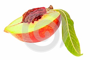 Half of nectarine fruit with leaf