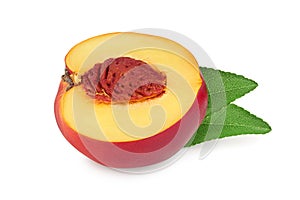 Half nectarine fruit with leaf isolated on white background cutout