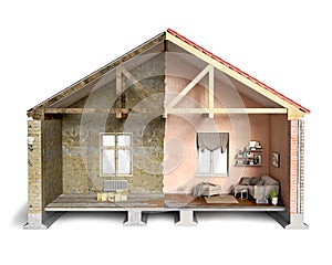 Half-old and half-new house, cross-section