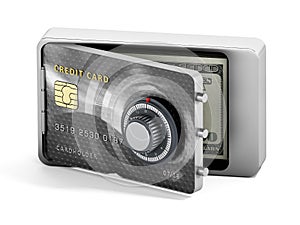 Half open credit card shaped steel safe. 3D illustration