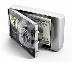 Half open credit card shaped steel safe. 3D illustration