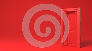 Half open door frame in the middle of the room on red background. 3D rendered image.