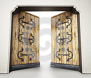 Half open elegantly ornamented old wooden door. 3D illustration