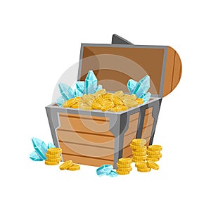 Half Open Pirate Chest WIth Golden Coins And Blue Crystal Gems, Hidden Treasure And Riches For Reward In Flash Came