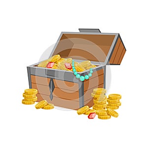 Half Open Pirate Chest With Golden Coins And Jewelry, Hidden Treasure And Riches For Reward In Flash Came Design