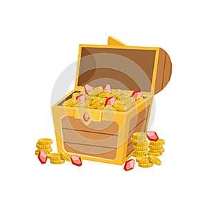 Half Open Pirate Chest With Golden Coins And Rubies, Hidden Treasure And Riches For Reward In Flash Came Design