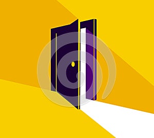 Half open secret door new opportunities concept vector illustration, fear of the unknown, step inside the future, what is behind,