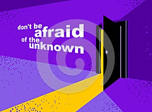 Half open secret door new opportunities concept vector illustration, fear of the unknown, step inside the future, what is behind,