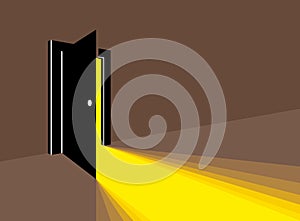 Half open secret door new opportunities concept vector illustration, fear of the unknown, step inside the light from the dark,