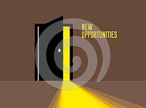 Half open secret door new opportunities concept vector illustration, fear of the unknown, step inside the light from the dark,