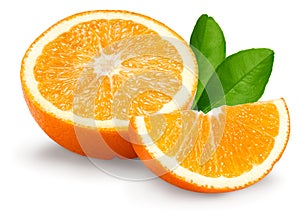 Half of orange fruit with green leaves isolated on white background. clipping path