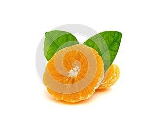 Half of orange and green leaf isolated on the white background,Thai fruit