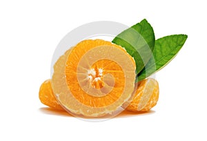 Half of orange and green leaf isolated on the white background,Thai fruit