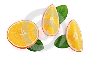 Half orange with slice and leaf isolated on the white background. Flat lay pattern. Top view