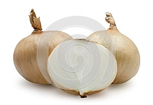 Half organic fresh raw onion on white isolated background with clipping path. Onion have acrid and sweet taste for ingredient and