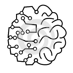 Half organic human brain enhanced with artificial intelligence. Simple line icon drawing f