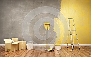 Half-painted in yellow concrete wall