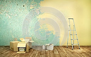 Half-painted in yellow old wall